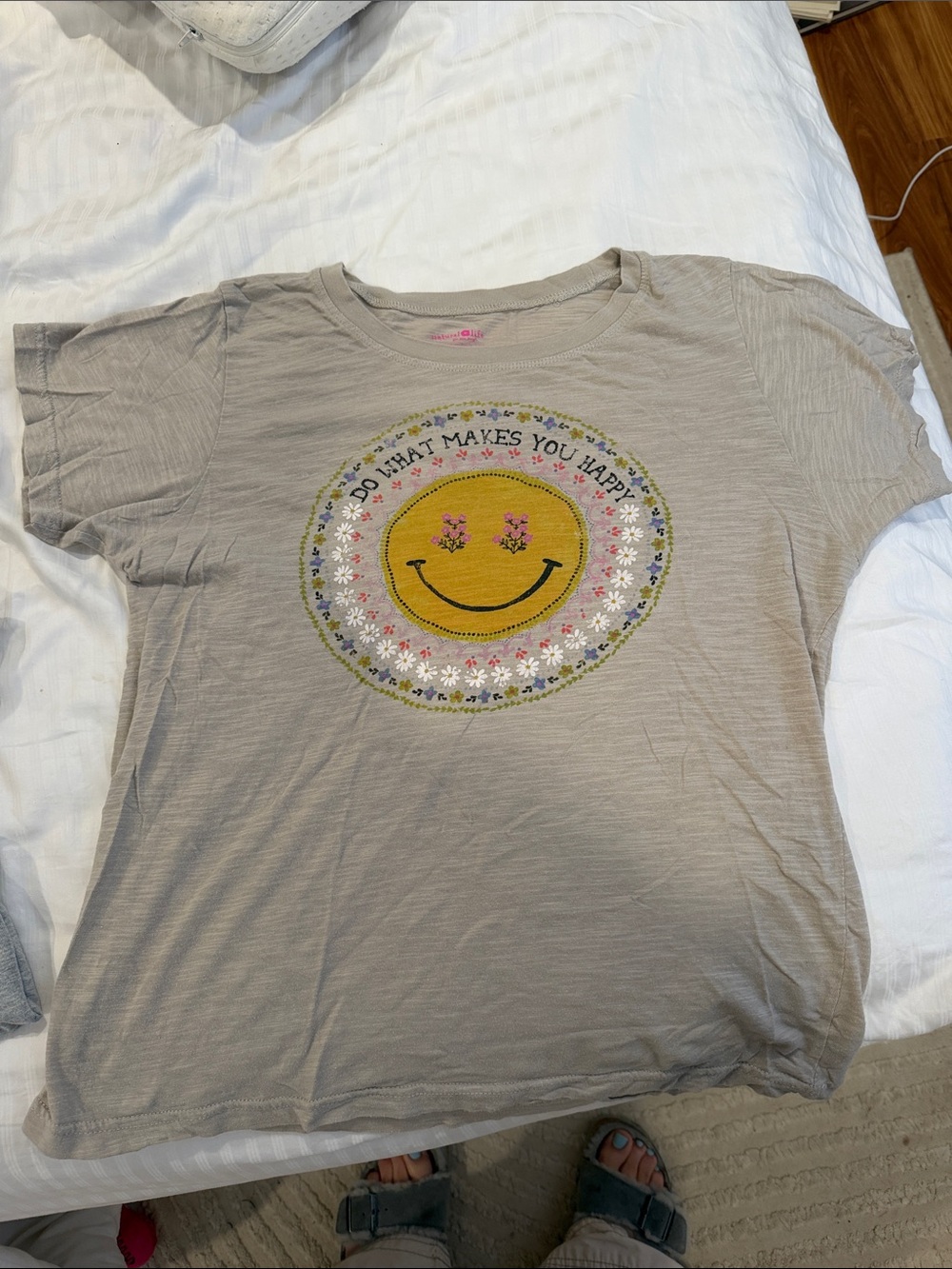Natural Life  Graphic Tee - Beige with Yellow Smiley